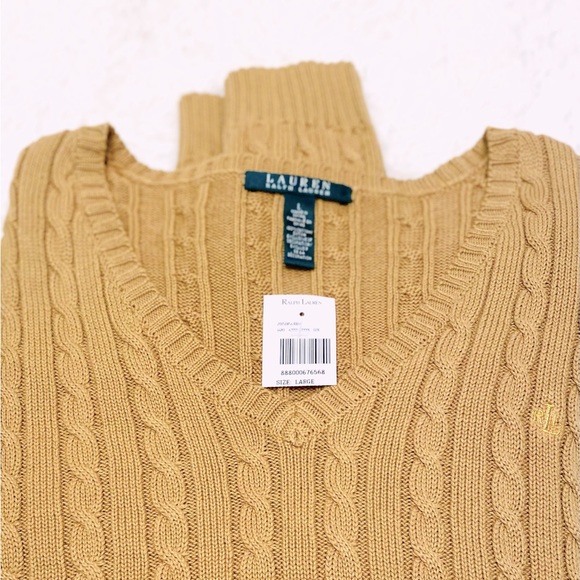 🐎 Lauren Ralph Lauren Long-sleeve Cableknit V-neck Sweater, Size L, Tan (NWT) - Picture 5 of 6